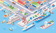 isometric illustration of central port for cargo ships and cruise ships with multiple ships at anchor and containers ready to be transported