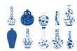 Vase Set. Chinese porcelain vase, ceramic vase, antique blue and white pottery vase with landscape painting. Oriental decorative elements collection of vases for your interior design.
