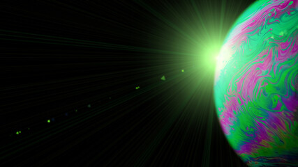 Wall Mural - Vibrant universe. Abstract galaxy background with globe planet earth in universe space with sunlight on dark background. Macro of oil mixed with water.