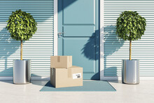 Modern Image Of Paper Boxes Delivered To Entrance Door. Online Delivery Concept. 3D Rendering.