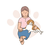A Girl Is Sitting With A Beagle. Hand Drawn Style Vector Design Illustrations. 