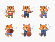 Set Of Cute Fox Mascots Playing On Various Musical Instruments. Chibi Fox Playing On Drum, Violin, Guitar, Accordion, Flute, Double Bass. Vector Illustration Bundle