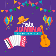 Poster - Festa Junina Celebration Concept With Musical Instrument, Hat, Lanterns Hang And Bunting Flags On Purple Background.