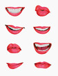 © Andrey - Set mouth emotions animation. Lip sync animated phonemes for woman character sign. Mouths with red lips speaking animations in english language text for education shape isolated symbol vector set