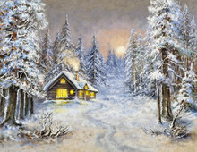 Oil Paintings Rural Landscape. Winter Sunset In Snowy Forest, Old House In The Forest. Fine Art