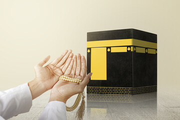 Poster - Muslim man praying with prayer beads on his hands in front of the Kaaba