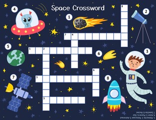 Wall Mural - Crossword for kids with cute space characters. Word search puzzle. Educational game with astronaut, alien, rocket, meteorite, telescope, satellite, planet and star. Vector illustration