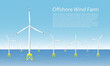 Wind turbines in the sea. Wind towers in the ocean. Offshore wind turbine farm concept. Horizontal banner template with a space for text. Flat vector illustration.
