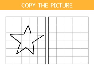 Copy the picture activity page for kids. Draw and color a star using the example. Space educational game template for school and preschool. Vector illustration