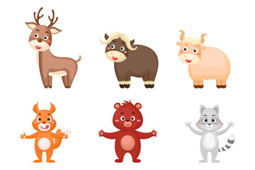  Set of woodland animals in cartoon style. Cute animals characters for kids cards, baby shower, birthday invitation, house interior. Bright colored childish vector illustration.