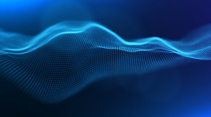 Wave of blue particles. Abstract technology flow background. Sound mesh pattern or grid landscape. Digital data structure consist dot elements. Future vector illustration.