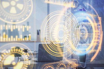  Double exposure of tech theme drawings and office interior background. Technology concept.