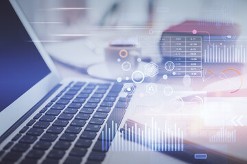 Fototapete - Double exposure of technology theme drawing and desktop with coffee and items on table background. Concept of data research.