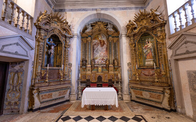 wide panoramic photo of a large church in portugal. sanctuary in the church. prayer concept