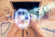© peshkova - Double exposure of man's hands typing over computer keyboard and data theme hologram drawing. Top view. Technology concept.