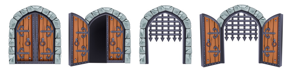 Wall Mural - Castle gate vector medieval collection, open wooden ancient door, iron grate, stone arch isolated on white. Vintage city entrance, closed dungeon double entry. Game elements, castle gate illustration