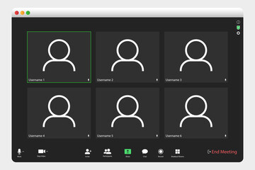 Video conferencing user interface. Video call screen interface template. Application for social communication. Video conferencing window overlay. six users.
