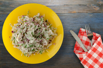 Wall Mural - salad daikon, onions and dill on a wooden