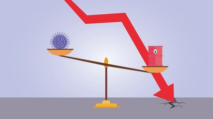 Wall Mural - Drum and coronavirus on scales with declining chart