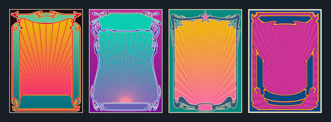 Wall Mural - art nouveau frame set, psychedelic color combinations, retro decorative elements