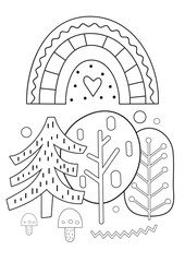 Wall Mural - Fun activities for kids coloring page. Forest trees and rainbow vector illustration