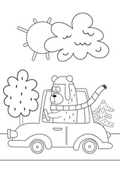 Wall Mural - Coloring pages of wild animals activities for kids. Cute bear rides a car vector illustration