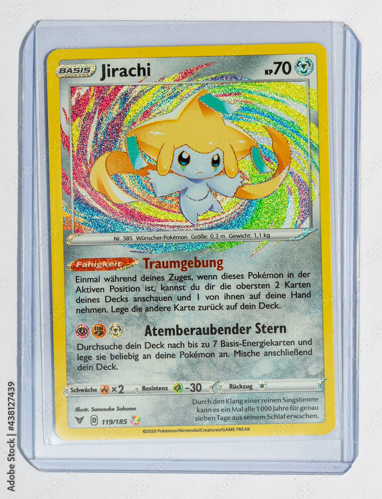 Photo Stock Hamburg, Germany - 06082021: front side macro photo of the  collectable german TCG pokemon Vivid Voltage amazing rare card Jirachi (VIV  119) in top loader. | Adobe Stock