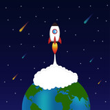 Fototapeta Kosmos - Paper art style rocket flying over earth, launch concept, flat style vector illustration. Space rocket launch, rocket background.