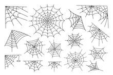 Set Of Spider Web And Little Hanging Spider Simple Hand Drawn Vector Outline Illustration Of Doodle Fancy Halloween Scary Decor Elements, Clipart Perfect For Halloween Party, Cartoon Spooky Character
