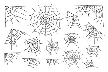 set of spider web and little hanging spider simple hand drawn vector outline illustration of doodle 