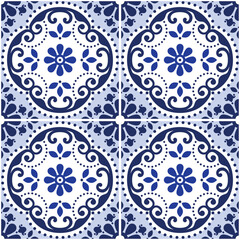 Canvas Print - Lisbon Azulejo tiles seamless vector decorative pattern, Portuguese indigo retro design with flowers, swirls and geometric shapes
