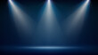 © valerybrozhinsky - Spotlight backdrop. Illuminated blue stage. Background for displaying products. Bright beams of spotlights, shimmering glittering particles, a spot of light. Vector illustration