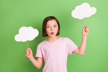 Photo of young girl amazed shocked news hold cloud bubble stick information isolated over green color background