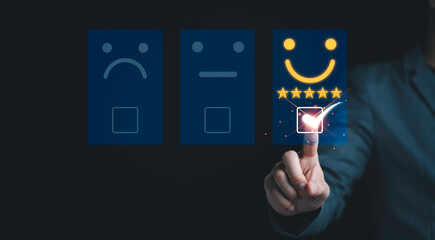 Poster - Businessman  touch on virtual tab bar to customer evaluates products and services. Customer satisfaction and marketing survey rating concept.