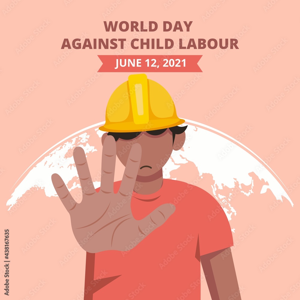 World day against child labour background with a child working in a construction field says no to child labor. Flat style vector illustration concept of anti child exploitation campaign. - obrazy, fototapety, plakaty 
