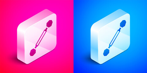 Poster - Isometric Piercing icon isolated on pink and blue background. Silver square button. Vector