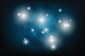 Abstract world map with lattice and illumination separate from dark blue background Illustration vector design with circle light and cyber wheel on background