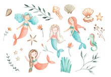 Mermaids Watercolor Children  Illustration Set 