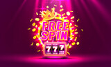 Fototapeta  - Casino free spin 777 label frame, golden banner, border winner, Vegas game. Vector