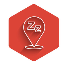 Sticker - White line Sleepy icon isolated with long shadow. Sleepy zzz black talk bubble. Red hexagon button. Vector