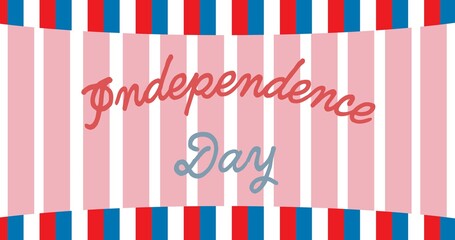 Happy independence day text over pink banner against blue and red stripes on white background