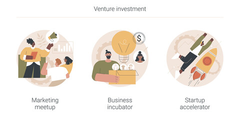 Venture investment abstract concept vector illustration set. Marketing meetup, business incubator, startup accelerator, sharing experience, business internet forum, opportunity abstract metaphor.