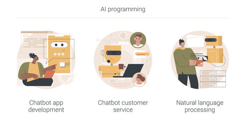 AI programming abstract concept vector illustration set. Chatbot app development, customer service, natural language processing, client support, web chat, machine learning abstract metaphor.