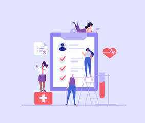 Health Check Up Concept Web Banner. Medical Doctor Examining or Checking Patient. Concept of Healthcare, Health Insurance, Medical Report. Vector illustration for Web Design