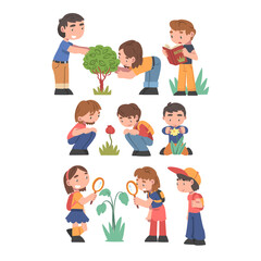 Sticker - Kid Learning about Plants Set, Cute Little Boys and Girls Looking at Flowers and Trees in Garden Cartoon Vector Illustration