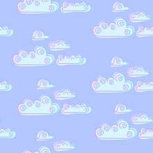 Blue Childrens Seamless Pattern With Small Clouds With Curls