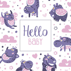 Sticker - Hello Baby Banner Template, Poster, Card, Backdrop Design with Cute Hippo African Animal Vector Illustration