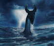 Giant Sea Monster with horns rising out of a stormy sea