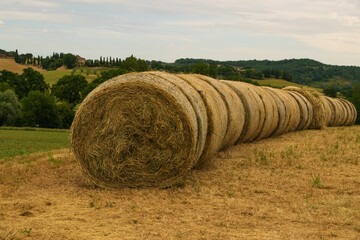 Sticker - Closeup of some hay bales lying on a Tuscan hill.