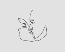 Continuous Line, Close-up Of Young Romantic Couple Is Kissing. Drawing Of Set Love. (Vector Illustration One Line Drawing)